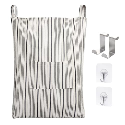 AELS Farmhouse Hanging Laundry Hamper with 2 Hooks, Washable Beige & Black Stripes Laundry Bag with Zipper & Wide Open Top, Over the Door Organizer for Dirty Clothes, Space Saving Storage