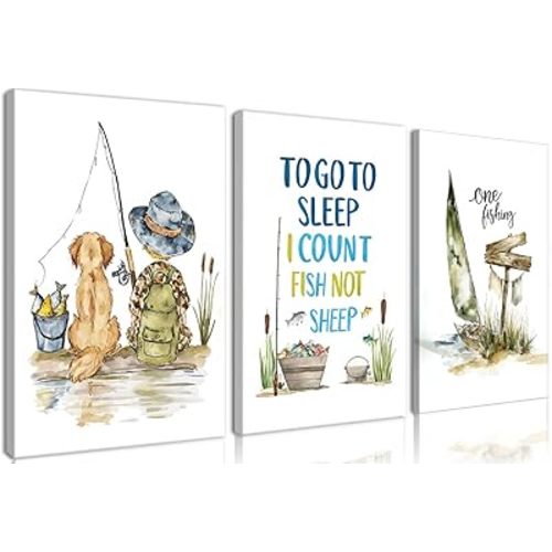 Nursery Wall Art Decor Baby Boy Room Canvas Prints Fishing Hunting Nursery Wall Decor，Rustic Fish Pictures Painting for Bedroom 12x16 Inch Framed 3pcs