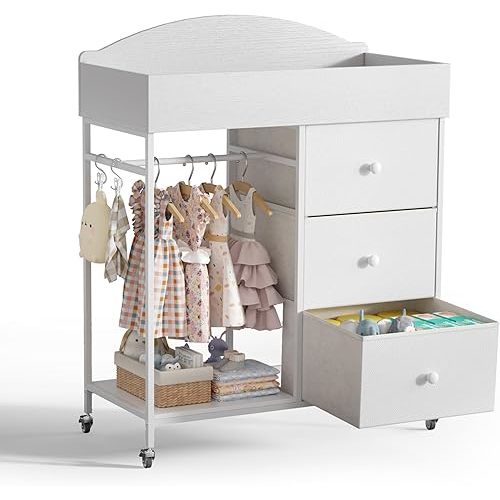 DTK Changing Table Dresser with Clothing Rack and Storage Shelf,3-Drawer Baby Dresser with Changing Table Top,Diaper Changing Station with Waterproof Pad,Mobile Dresser for Nursery,White
