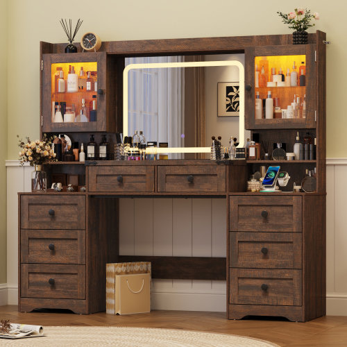 Ivy Bronx 60" Farmhouse Vanity Desk With Lighted Mirror, Power Outlet, 8 Drawers And 2 RGB Lighted Cabinet & Reviews | Wayfair