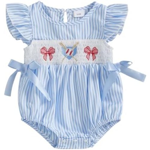 Infant Girl Smocked Baseball Romper Newborn Baby Summer Clothes Embroidery Bow Fly Sleeve Bodysuit Tops