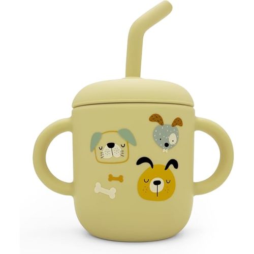 Studio Merveille Silicone Sippy Cup For 6 Month Old and Toddlers - Cute First Training Sippy Cup With Straw - Baby Water Bottle (6oz Dogs)