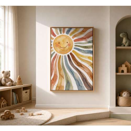 Smiling Sun Nursery Wall Art, Colorful Sunshine Canvas Prints, Baby Room Decor, Pastel Playroom Painting