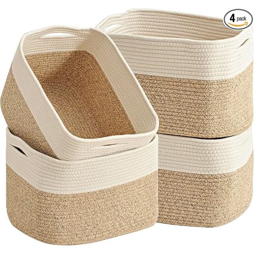 ICERZCZ Woven Cotton Rope Storage Baskets for Organizing & Shelves, Organization Bins for Dog Toys, Clothes, Books, Nursery Organizer, 15"x11"x9", Off White & Mixed Brown (4 Packs)
