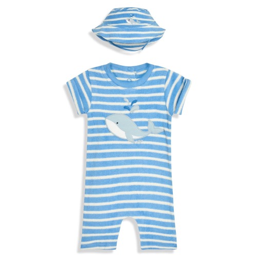 Whale Appliqué Stripe Terry Cloth Romper & Hat Set, 3-6M