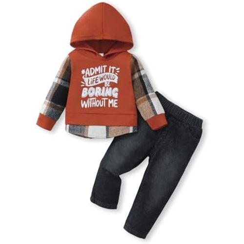 NZRVAWS Toddler Baby Boy Clothes Letter Printed Plaid Hoodie Shirt Denim Ripped Jean Pants Infant Fall Winter Outfits 6M-8T