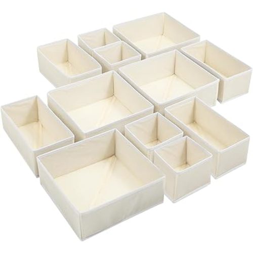 12 Pack Linen Drawer Organizer Set – Collapsible Fabric Storage Bins for Baby Clothes, Diapers, Socks, Bras & More (Beige, 3 Sizes)
