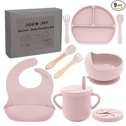 100% Silicone baby feeding set,BPA free Baby dishes set with Suction Bowl Divided Plate,Toddler Self Feeding Dish Set with Spoons Forks Sippy Cup And Bib, Baby Eating Utensils (Lilac)