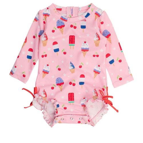 RuffleButts Baby Girls UPF50+ Sun Protected Americana Long Sleeve One Piece Rash Guard - Sweet Freedom, 0-3m