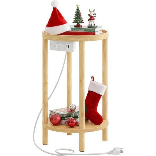 HOOBRO Small Round Side Table with Charging Station, 2-Tier Round Bamboo End Table, Compact Sofa Bedside Table for Small Space, Easy Assembly, for Living Room, Bedroom, Apartment, Natural YL156UBZ01