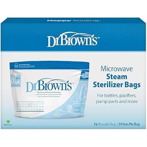 Dr. Brown's Baby Bottle Sterilizer Bags, Anti-Colic Options+ Wide-Neck Bottles, 30 Uses per 5-Pack Bag, 150mL 1-Pack Level 1 Nipple
