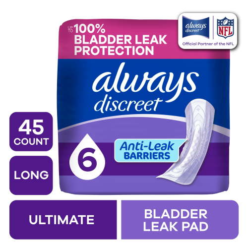 Always Discreet Adult Incontinence Pads for Women, Ultimate Absorbency, Long Length, Postpartum Pads, 45 Count HSA/FSA Eligible