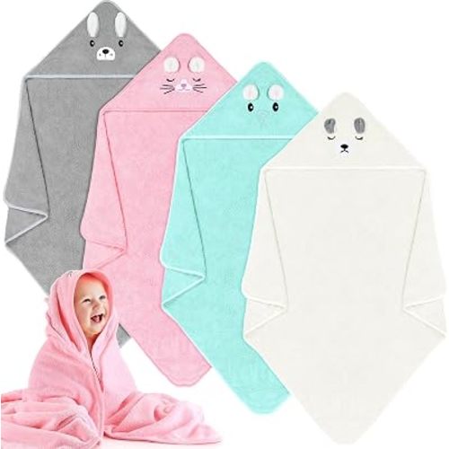 Preboun 4 Pcs Baby Bath Towel 31.5 x 31.5 Inch Coral Fleece Baby Hooded Towel Absorbent Soft Babys Towels for Newborn Cartoon Animal Hooded Bath Blanket for Kids Newborn Shower (Gentle Color,Style B)
