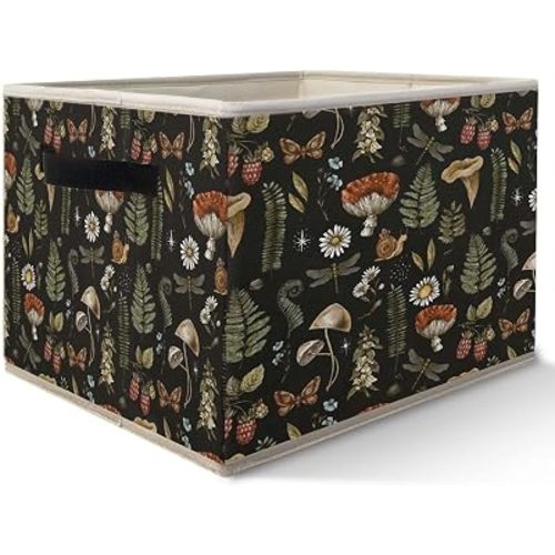 Dark Floral Mushroom Storage Bins Basket, Dark Cottagecore Botanical Insect Collapsible Fabric Storage Box Organizer Toybox for Bedroom Bathroom Clothes Books Toys