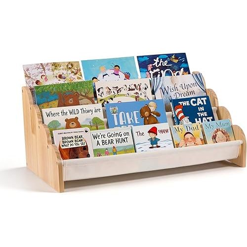 Puricon 4-Tier Kids Bookshelf, Wooden Bookcase Organizer for Toddlers with Deep Pockets & Wavy Edge, Decorative Front-Facing Sling Book Rack for Kids Rooms, Nursery, Playroom and Classroom -Beige