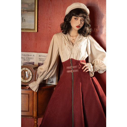 Belle Epoque, Gothic Lolita Elegant Casual Boned High Waist Midi Skirt & Bowknot Set*4colors