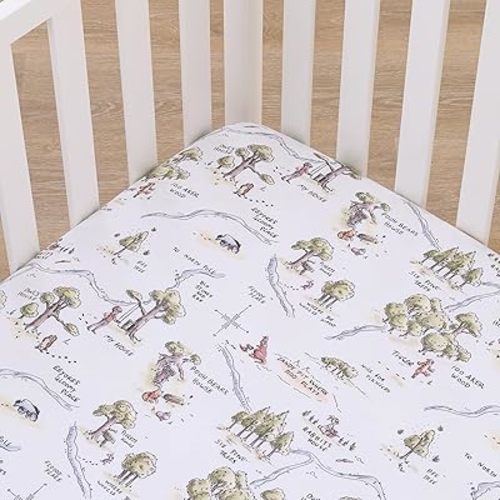 Disney Classic Winnie The Pooh Sage, Tan, and White, Map of 100 Acre Woods Super Soft Nursery Fitted Crib Sheet