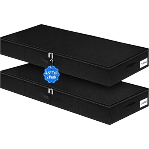 4.5-Inch Tall Under Bed Storage Container, Low Profile Underbed Storage Bin, Thin Clothes Storage Organizer with Rigid Sides & Bottom, Shallow Storage for Under Couch & Dresser Space, 2-pack, Black
