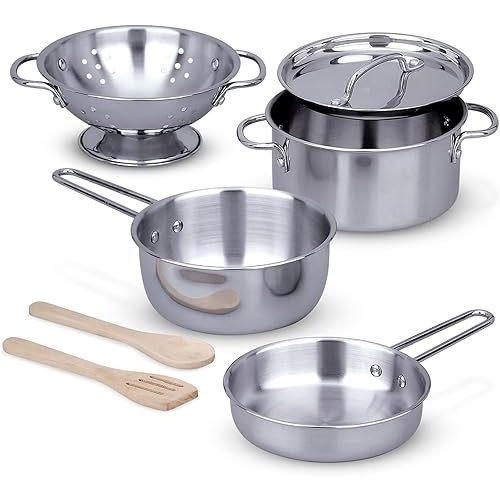 Melissa & Doug Stainless Steel Pots & Pans, 8 Piece Play Kitchen Set, Premium Play Kitchen Accessories & Cooking Utensils, Preschool Toys for Kids 3+