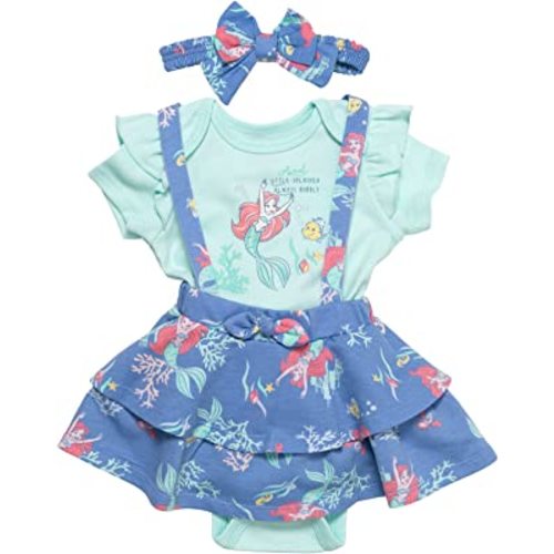 DISNEY PRINCESS Belle Ariel Tiana Baby Girls Bodysuit French Terry Jumper and Headband 3 Piece Outfit Set Newborn to Infant