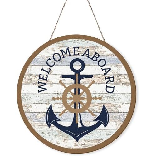 MOTERMATE Nautical Welcome Aboard Anchor Boat Sign Decor, Cruise Ship Ocean Front Porch Door Decor, Sailboat Navy Blue Wall Hanging Decor for Bathroom, Boat Anchor Signs for Home Farmhouse, 12x12 Inch