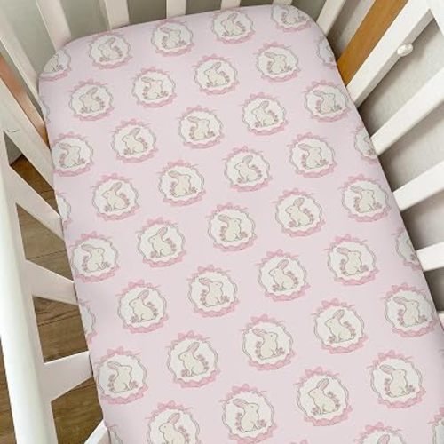 Pastel Pink Easter Bunny Ribbon Baby Crib Sheets for Boy Girl Cute Bunnies Floral Bows Soft Snug Fitted Crib Mattress Covers 52''x28'' Standard Crib & Toddler Mattress Preppy Spring Rabbits Bed Sheets