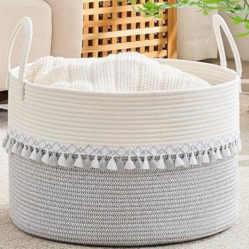 KAKAMAY Large Blanket Basket with Handles, Storage Basket for Living Room