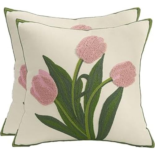 Tosleo Valentines Day Pillow Covers 16X16 Pack of 2 Pink Tulip Embroidery Throw Pillow Covers Flower Pillowcases Accent Decor Cushion Cover Square Farmhouse Floral Decoration Pillow Cases
