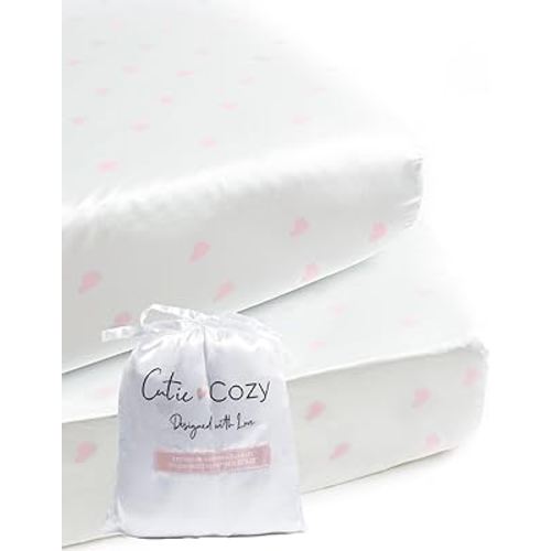 Satin Fitted Crib Sheet (2 Pack) Premium Oeko-TEX Certified Satin Crib Sheet Set, Prevents Bald Spots Like Silk Crib Sheets for Baby Hair (White with Light Pink Hearts)