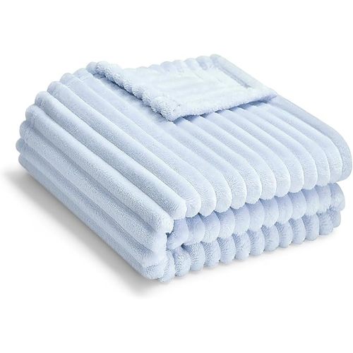 Soft Fleece Baby Blanket Ultra Cozy Blue Baby Blankets for Boys Warm and Lightweight Infant Toddler Newborn Receiving Gift with Reversible Stripes for Crib Stroller, 30x40 Inch, Light Blue