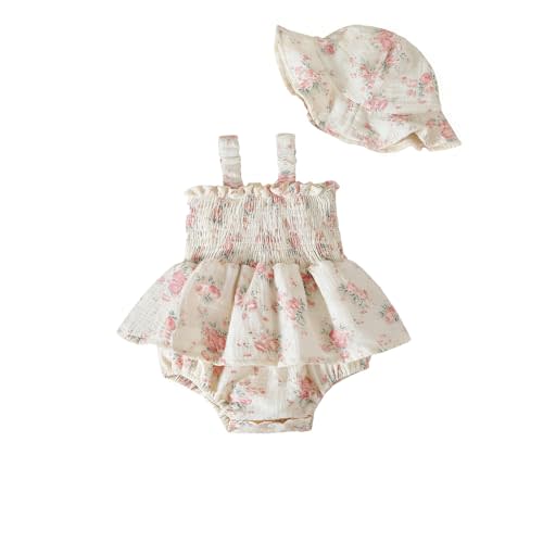 Baby Girl Dress Boho Floral Smocked Dress with Hat Sleeveless Halter Neck Toddler Baby Girl Summer Clothes