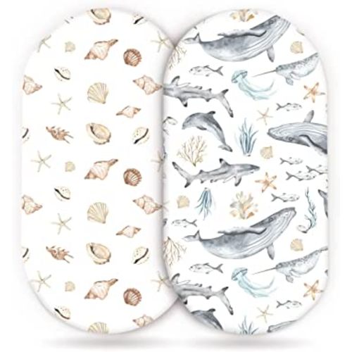 GRSSDER Stretchy Ultra Soft Fitted Bassinet Sheets Set 2 Pack, Cradle Sheet Universal Fit for Rectangle, Oval, or Hourglass Bassinet Pad/Mattress Safe and Snug, Stylish Cute Whale Sea Worl for Baby