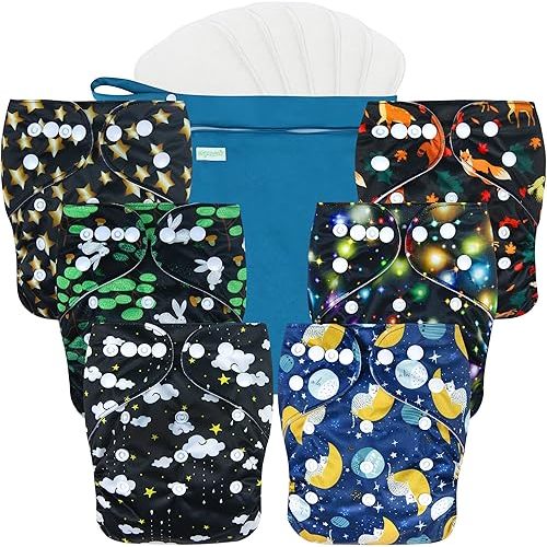 wegreeco Cloth Diapers 6 Pack with 6 Inserts & 1 Wet Bag, Washable Cloth Diapers for Babies, One Size Adjustable Reusable Diapers Baby (Starry Sky)