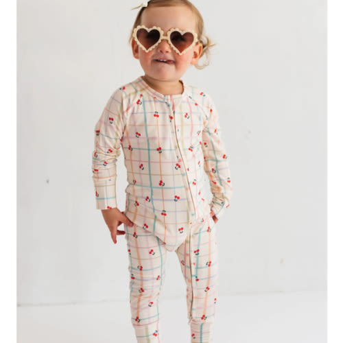 Cherry Grid Zipper Romper -PRE-ORDER shipping 9/1 - 9/6 – In my Jammers