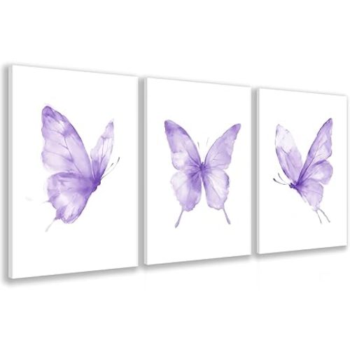 GELDSTEI Dreamy Butterfly Canvas Wall Art, Whimsical Purple Animal Picture Wall Decor, Minimalist Butterfly Aesthetic Pictures, Cute Animal Poster Prints for Nursery Girl Room Framed Set of 3, Each 12x16 Inch