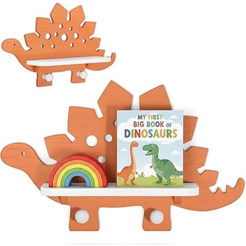 Dinosaur Wall Shelf for Kids – Dinosaur Room Decor for Boys, 3 Styles Wooden Cute Dino Wall Decor with Hooks, Nursery & Toddler Boy's Room Display