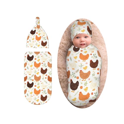 Chicken Baby Stuff Swaddle Blanket with Beanie Set, Rooster Newborn Swaddling Blanket Outfit Infant Shower Gift for Boys Girls, Funny Baby Items Stuff