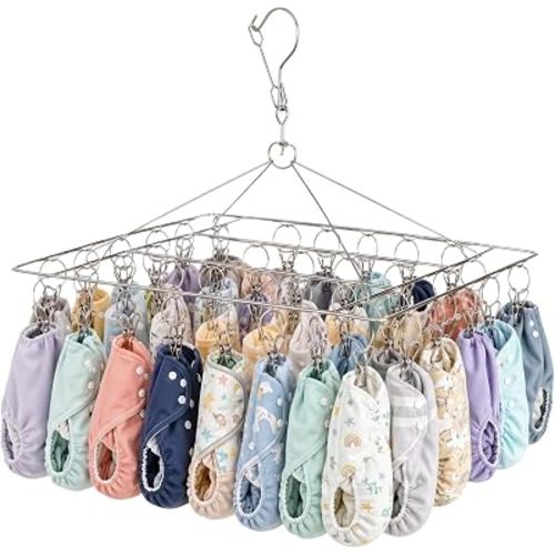 Cloth Diaper Drying Rack with 40 Clips, Rotating Foldable Stainless Steel Hanging Drying Rack, Indoor Rack for Baby Clothes, Diapers, Towels, Herbs, Socks, Underwear & Bras