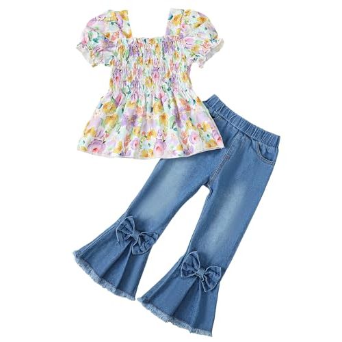 Kucnuzki Toddler Kids Girls Clothes Short Sleeve Shirt Top Flare Denim Jeans 2 Piece Outfits For Girls Cute Clothing Set