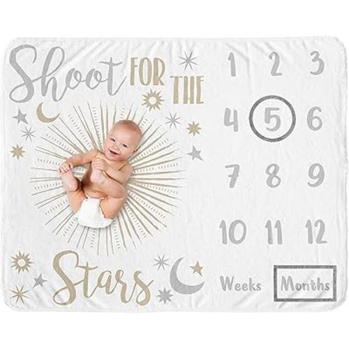 Sweet Jojo Designs Star and Moon Girl Milestone Blanket Monthly Newborn First Year Growth Mat Baby Shower Memory Keepsake Gift Picture - Gold and Grey Celestial Shoot for The Stars Space