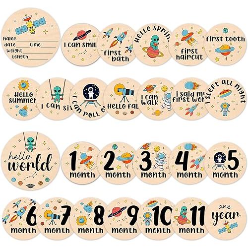 Baby Milestone Cards - Space Adventure Baby Monthly Milestone Signs, Rocket & Planet Wooden Signs Discs for Photo Props, "Hello" Newborn Announcement Sign with Astronaut,Baby Shower/Gift Set(13pcs)