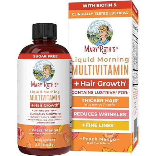MaryRuth Organics Liquid Multivitamin+Hair Growth | Biotin 10000mcg | Lustriva Hair Growth Supplement | Clinically Tested in Women for Thicker Hair&Facial Wrinkle | Skin Care | Ages 18+ | 15.22 Fl Oz