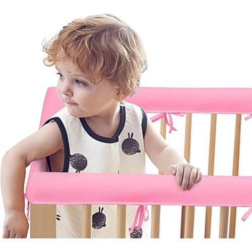 3PCS Crib Rail Covers for Teething, Soft Mesh Rail Protector,Mesh Teething Edge & Corner Guard Coverage Straps for Full Size Crib (Pink)