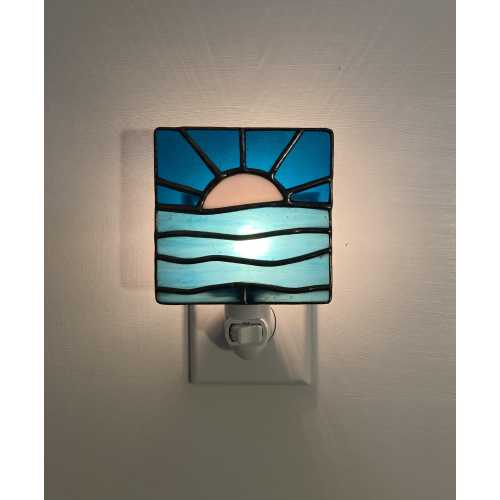 Stained Glass Moonrise Night Light – Handmade Ocean Waves Coastal Decor Lamp.