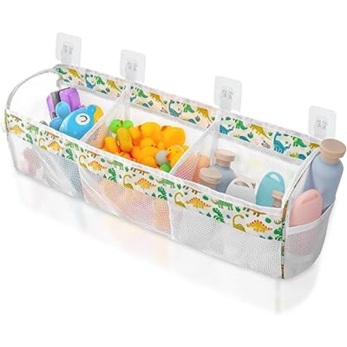 Dinosaur Bath Toy Storage Organizer, 3 Compartment Bath Toy Holder for tubs with Large Openings, Large Capacity & Quick-Drying Mesh - 4 Strong Adhesive Hooks for Easy Access