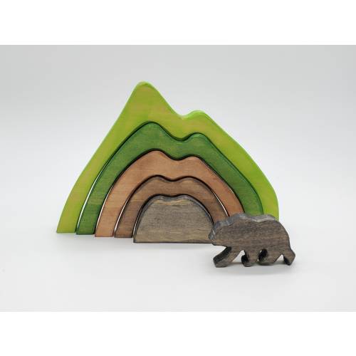 Handcrafted Wooden Mountain Stacker - 5pc Mountain Range with Bear / Montessori & Waldorf Inspired Decor and Play