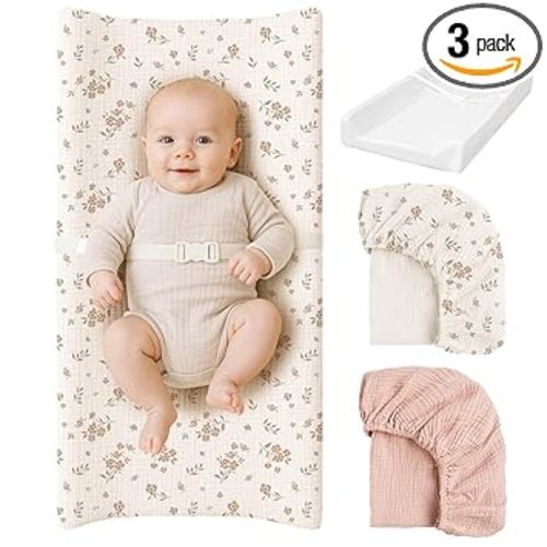 Konssy Muslin Changing Pad with Waterproof Lining Foam, Includes 2 Pack Soft & Cotton Cover, Baby Diaper Changing Pad for Dresser or Table, 32x16 inches (Blossom,Pink)