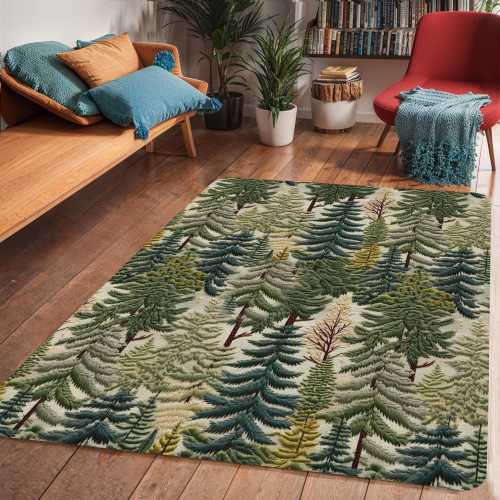 Enchanting Pine Forest Area Rug Carpet, Beautiful Landscape Rug, Elegant Rustic Cabin Nature Decor,  Faux Embroidery EFFECT NOT Embroidered