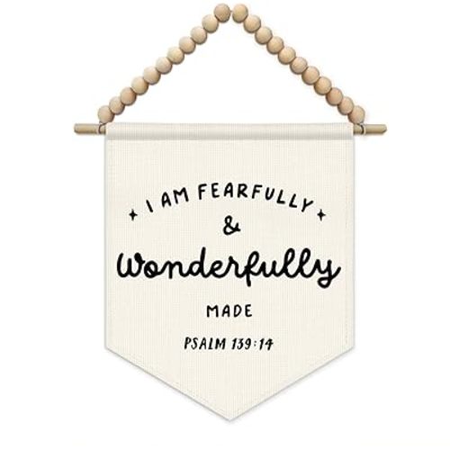 SJDFCSA Christian Nursery Wall Art Decor, Kids Room Decor, I Am Fearfully and Wonderfully Made Bible Verse Boho Wall Hanging Display Pennant Flag for Kids Boy Girl Nursery Room Bedroom Playroom