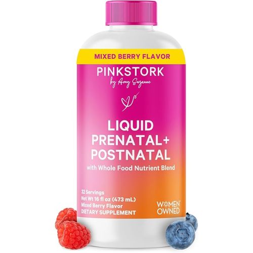 Pink Stork Liquid Prenatal Vitamins for Women - Berry Flavor Organic Food Blend - Fertility, Pregnancy, Postpartum Essentials - Morning Sickness Support - Breastfeeding & Lactation - 32 Servings